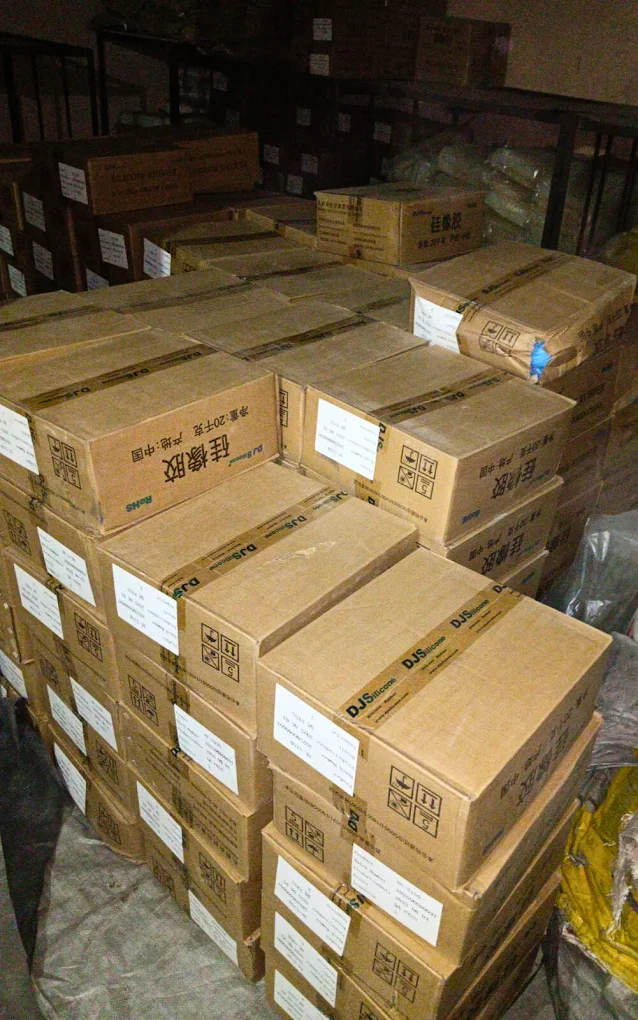 Cartons of silicone rubber 5160 stacked in the RKS Polytech warehouse