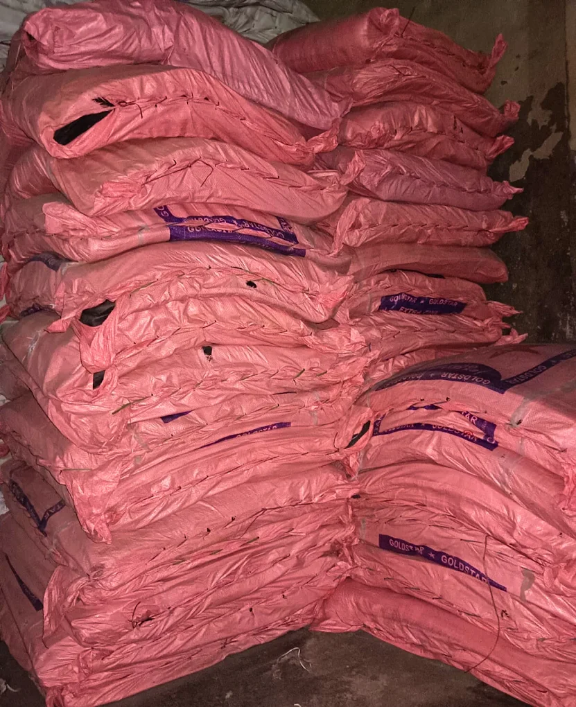 Reclaim rubber 202 packed in woven sacks at the RKS Polytech warehouse