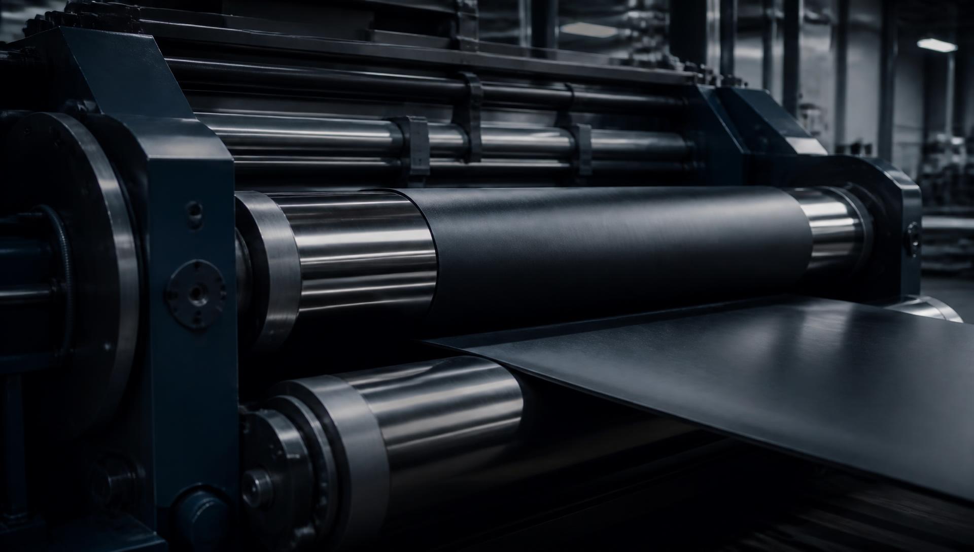 Rubber calendering line processing a black rubber sheet between steel rollers