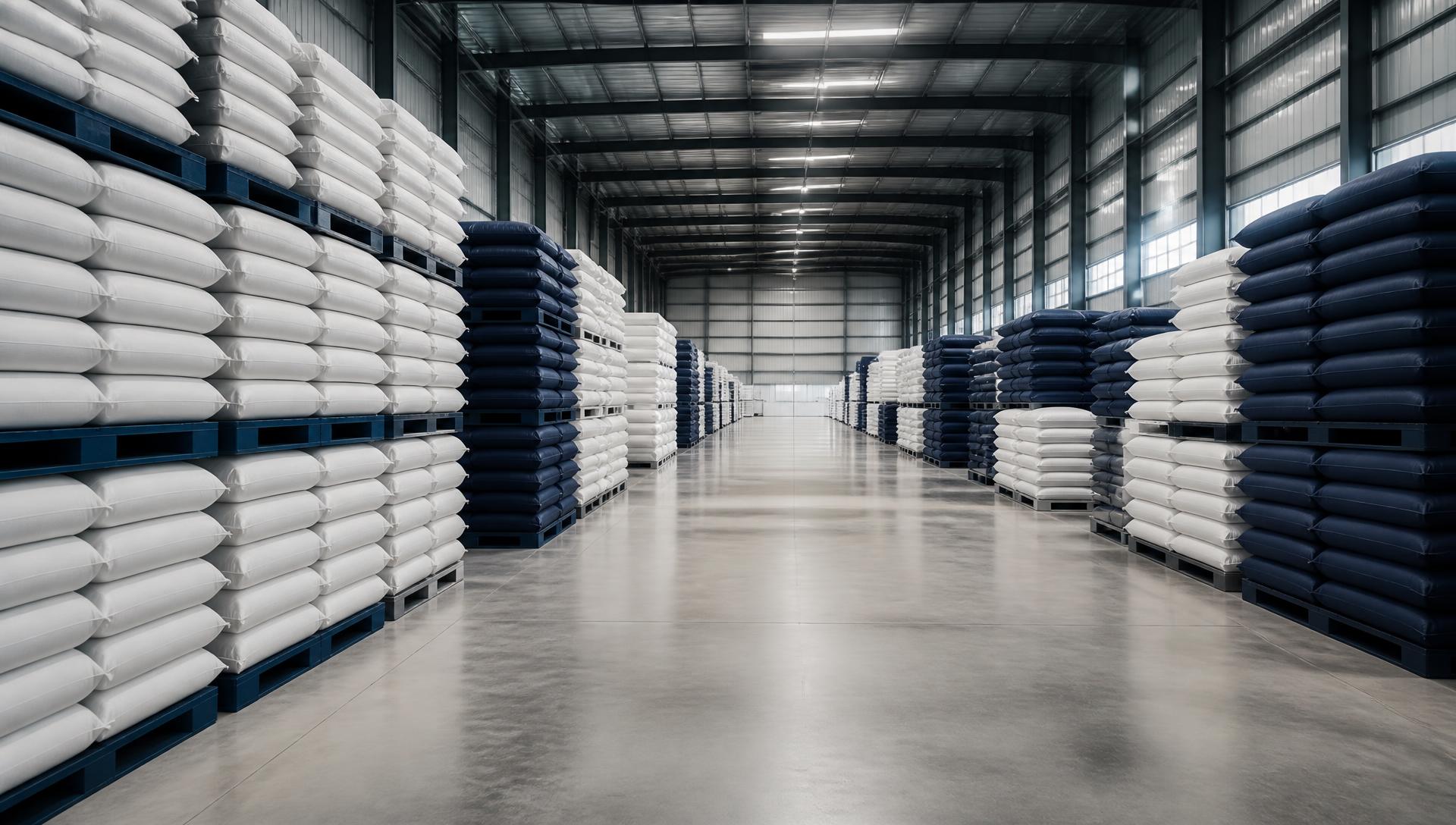 Warehouse of RKS Polytech LLP with palletised rubber chemicals ready for despatch