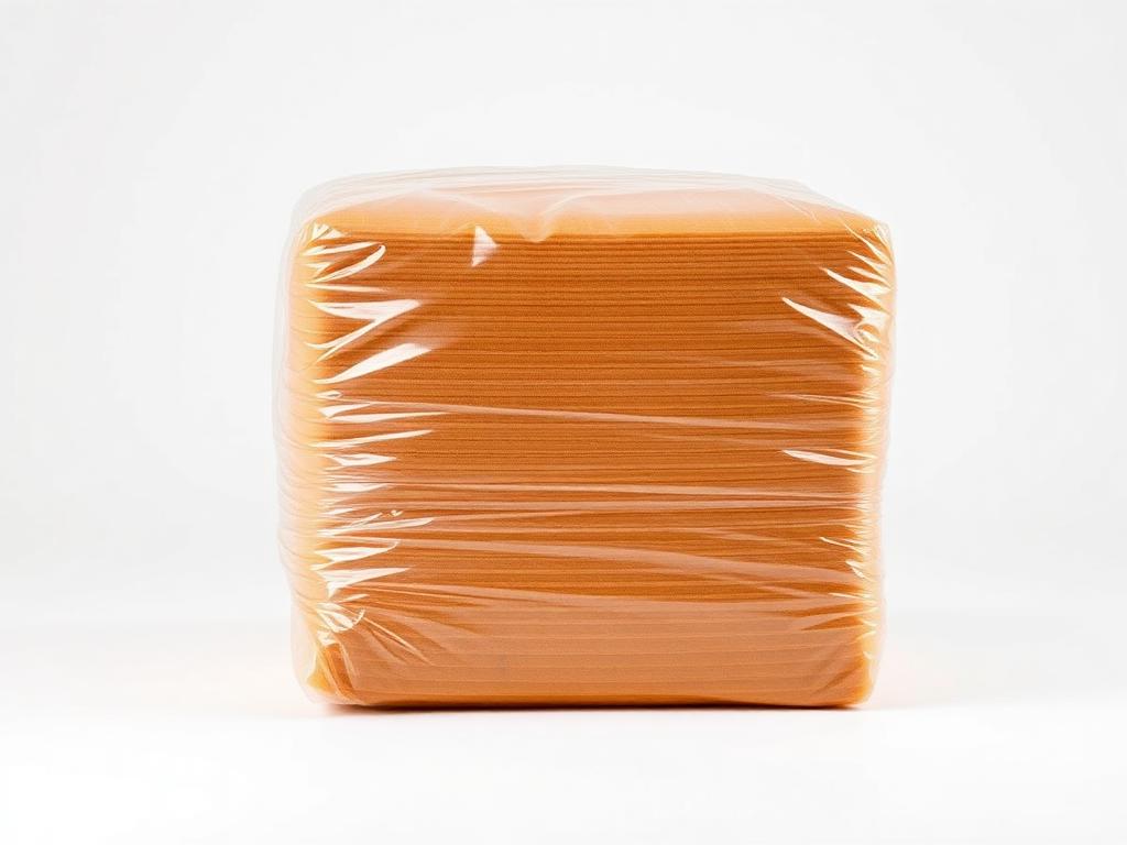 Bale of natural rubber wrapped in clear film, supplied by RKS Polytech LLP